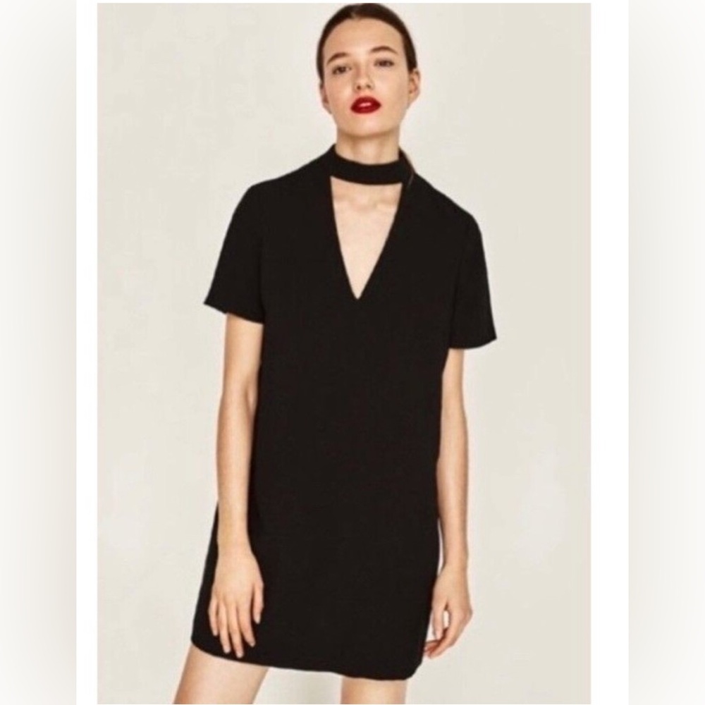 Zara Black Mini Shift Choker Neck Dress, Sort Sleeves, Medium - Picture 2 of 9